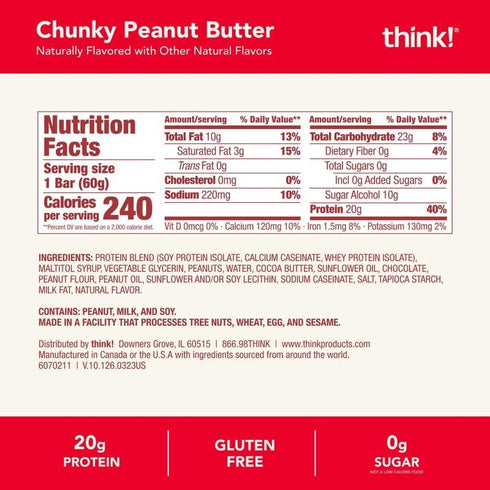 think! Protein Bars - Gluten Free, Kosher Friendly, Chunky Peanut Butter, 2.1 Oz, 10 Count (Packaging May Vary)
