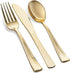 125 Piece Gold Dinnerware Party Set, Includes 50 Gold Rim Clear Plastic Plates, 25 Knives, Forks, and Spoons