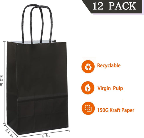 AZOWA Black Kraft Paper Gift Bags with Handles - 12 Pcs, 5 x 3.1 x 8.2 in