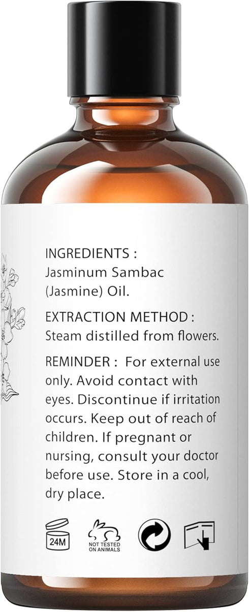 HIQILI Jasmine Essential Oil, Pure & Natural Jasmine Oil for Diffuser, Perfume, Shampoo, Aromatherapy - 3.38 Fl Oz