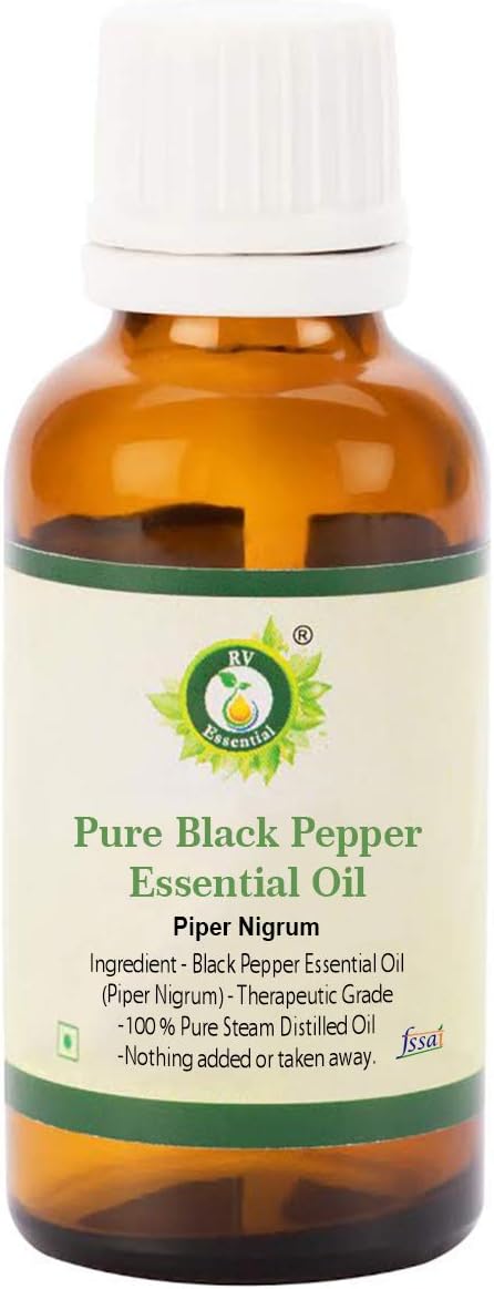 Black Pepper Essential Oil by R V Essential, 100% Pure Natural, Steam Distilled, for Hair, Massage, Skin, 10ml