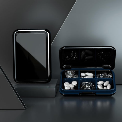 Pill Box Waterproof Travel Case, Portable Daily Pill Container with 6 Compartments for Vitamins, Fish Oils, Supplements
