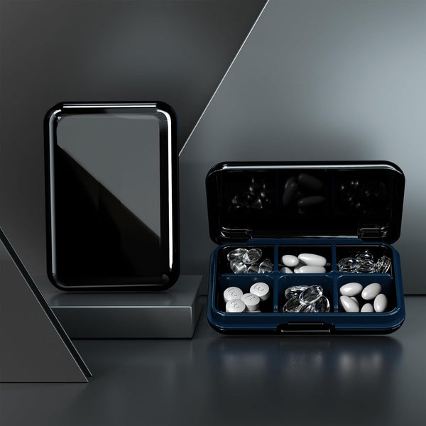 Pill Box Waterproof Travel Case, Portable Daily Pill Container with 6 Compartments for Vitamins, Fish Oils, Supplements