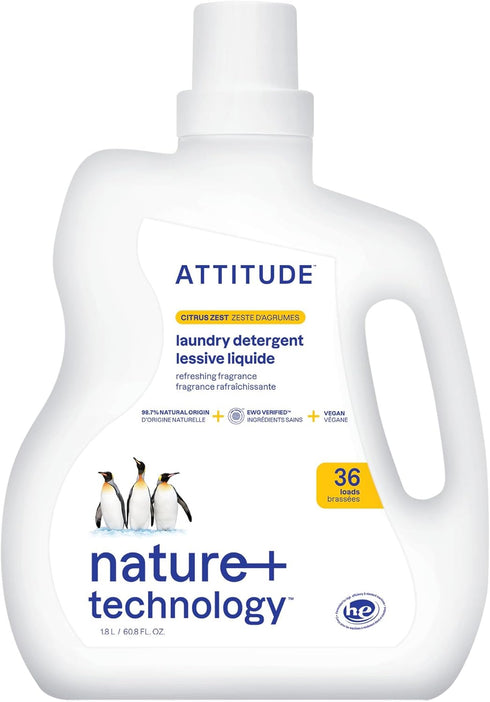 ATTITUDE Liquid Laundry Detergent, EWG Verified, Citrus Zest, 60.8 Fl Oz, 36 Loads, HE Compatible