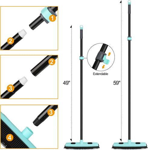 Rubber Broom for Pet Hair Removal: 59" Telescoping Handle, Squeegee for Carpet, Hardwood, and Tile Floors