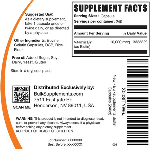 BulkSupplements.com Biotin 10000mcg Capsules - Vitamin B7 Biotin, Biotin Supplement, Biotin Vitamins for Hair Skin and Nails - Biotin Pills, Gluten Free, 1 Capsule per Serving, 240 Capsules