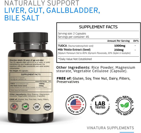 TUDCA Milk Thistle 1250mg - Liver Support, Liver Health, Gallbladder Supplements *USA Made and Tested*, Tudca Supplement, Bile Salts Supplement, Liver Health Supplement - 90 Capsules