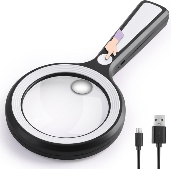 20X 30X Coin Magnifier, USB Rechargeable Lighted Handheld Magnifying Glass for Currency, Seniors, Reading, Crafts