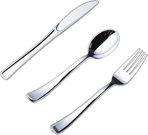 N9R 200pcs Plastic Silverware Set, Silver Plastic Cutlery with 100 Forks, 50 Spoons, 50 Knives for Party/Everyday Use