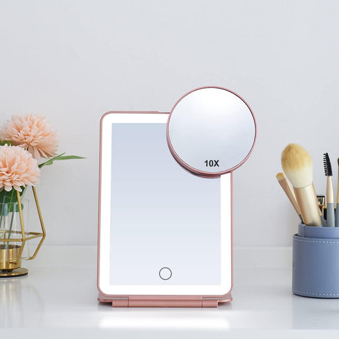 LED Foldable Travel Makeup Mirror - 5x7 inches, 3 Colors Light Modes USB Rechargeable Touch Screen Cosmetic