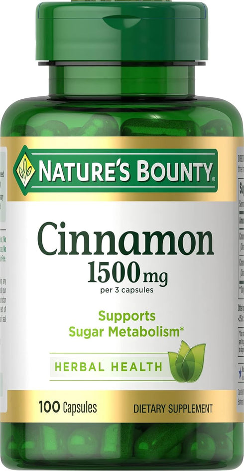 Nature's Bounty Cinnamon Capsules 1500mg, Herbal Supplement for Sugar Metabolism, 100 Capsules