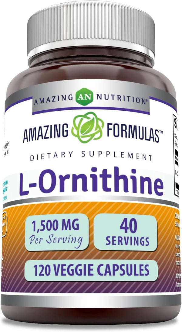 Amazing Formulas L-Ornithine 1500 Mg Per Serving | Veggie Capsules | Non-GMO, Gluten-Free | 120 Count