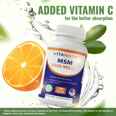 Vitamatic MSM 2000 mg with 75mg Vitamin C, 180 Veg Capsules, Non-GMO & Gluten Free