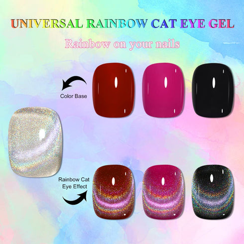 MIZHSE 10ml Universal Rainbow Cat Eye Gel Polish, Laser Holographic 9D Soak Off LED U V Nail Art Varnish with Magnetic