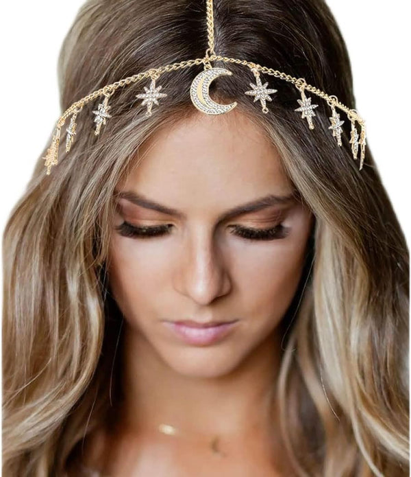 Urieo Boho Moon Head Chain, Vintage Gold Crystal Tassel Forehead Hair Chain Accessories