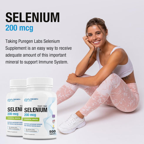 Puregen Labs Selenium 200 mcg Yeast Free Essential Mineral - 500 Vegetarian Tablets for Immune & Antioxidant Support,