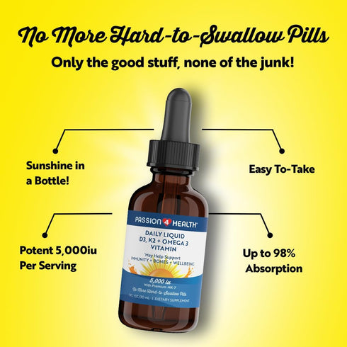 Passion 4 Health Organic Liquid Vitamin D3 K2 + Omega 3 Supplement, 5000IU Liquid Vitamin D Drops