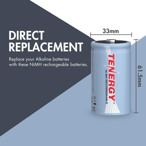 Tenergy 10000mAh 4-Pack NiMH D Battery, Rechargeable High Capacity D Size Battery, High Drain D Cell Batteries