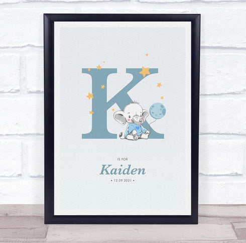 The Card Zoo New Baby Birth Details Christening Nursery Blue Elephant Initial K Gift Print