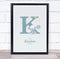 The Card Zoo New Baby Birth Details Christening Nursery Blue Elephant Initial K Gift Print