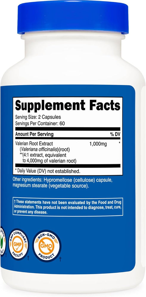 Nutricost Valerian Root Capsules - 1000mg Per Serving, 120 Capsules, 4,000mg Equivalent, Vegetarian Caps, Gluten Free
