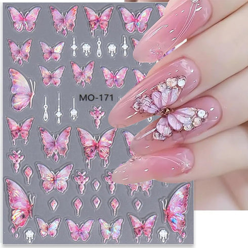 5D Aurora Butterfly Nail Stickers for Women Cartoon Butterfly Nail Art Stickers for Nail Designs Embossed Butterfly Stickers for Nails Design Rose Flower Butterfly Nail Decals for Nail Art Supplies by WENEWFINE