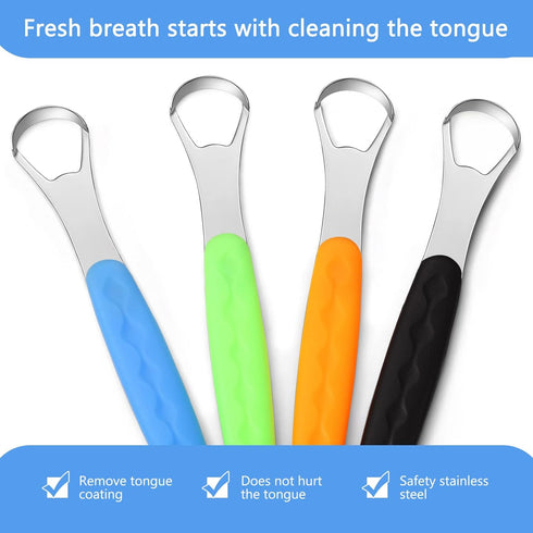 4 Pcs Stainless Steel Tongue Scraper Cleaner for Adults and Kids, Metal Tongue Brush with Travel Cases, Orange, Black,