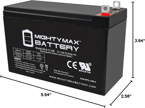Mighty Max Battery ML9-12NB -12 9 Volt AH, Nut and Bolt (NB) Terminal, Rechargeable SLA AGM Battery