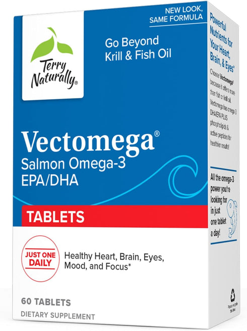 Terry Naturally Vectomega - 60 Tablets of Omega-3 from Salmon, Non-GMO, Gluten Free, EPA & DHA - 60 Servings