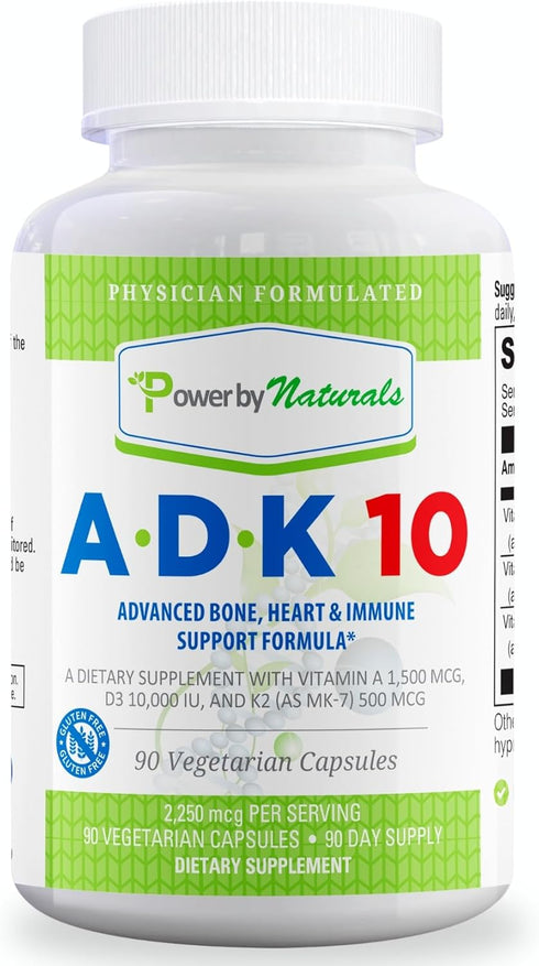 Power By Naturals ADK Vitamin Supplement: High Potency Vitamin A, D3 & K2, 10000 IU for Heart, Immune & Strength, 90