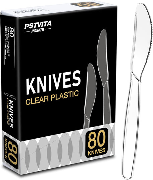 Heavy Duty Plastic Knives, Clear Disposable Party Supply, Pack of 80