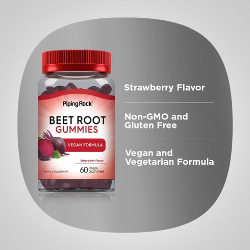 Piping Rock Beet Root Gummies, 60 Count, with Nitrates and Black Pepper Extract, Nitric Oxide Supplement, Strawberry