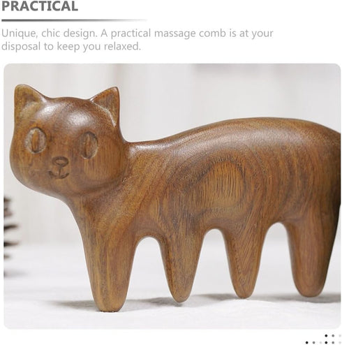 Ipetboom 3.1In Wooden Scalp Massage Comb: Cat Shape Sandalwood Head Wide Tooth Massager for Hair GuaSha, Hair Care