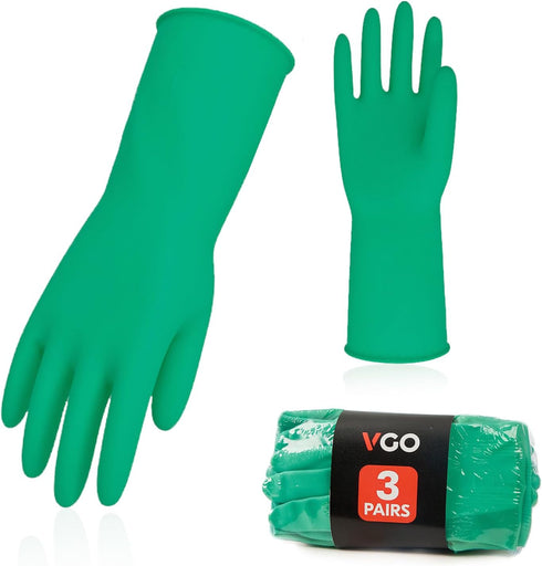 Vgo... 3-Pairs Reusable Household Gloves, Rubber Dishwashing Gloves, Extra Thickness, Long Sleeves for Cleaning and