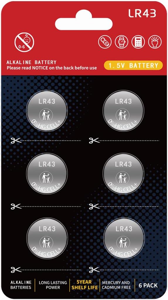 AG12 Battery L1142, LR43, SR43, D386, D301 Premium Alkaline Button Batteries, 6 Count with 5-Year Shelf Life