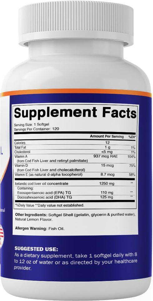 Vitamatic Icelandic Cod Liver Oil Capsules 1250mg 120 Softgels (Lemon Flavor) - Promotes Cardiovascular Health
