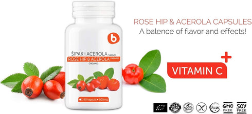 Organic Rose Hips & Acerola Vitamin C Capsules, 1000mg, for Immune and Collagen Support