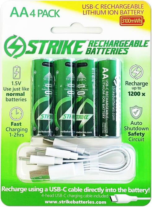 STRIKE BATTERIES 4 Pack 1.5V 3100mWh AA HIGH Capacity Battery Lithium Ion Smart LED USB-C Rechargeable with Charging