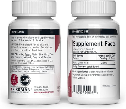Kirkman Alpha Lipoic Acid 50 mg | 90 Capsules | Potent Antioxidant Protects Against Harmful Radicals
