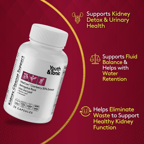 Youth & Tonic Kidney Cleanse & Detox Supplement with Cranberry Extract, Supports Urinary Tract Health, 30 Vegetarian