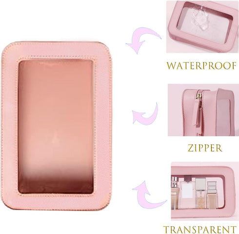Portable Travel Cosmetic Case Organizer for Women, Clear and Waterproof Makeup Bag with Transparent Vinyl Windows &