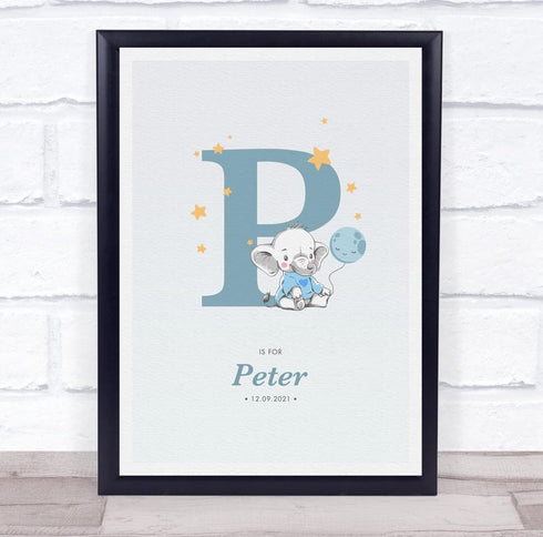 The Card Zoo New Baby Birth Details Christening Nursery Blue Elephant Initial P Gift Print