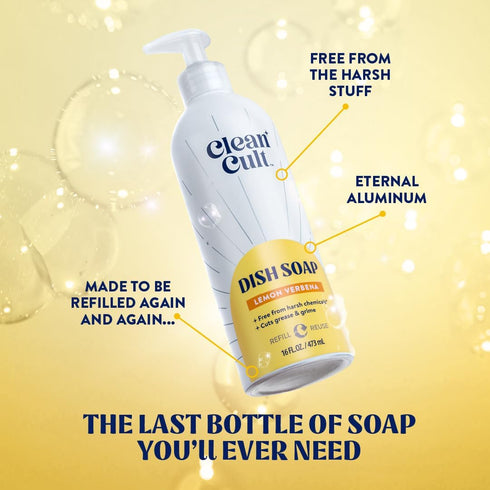 Cleancult Lemon Verbena Liquid Dish Soap, Refillable Aluminum Bottle, 16 oz