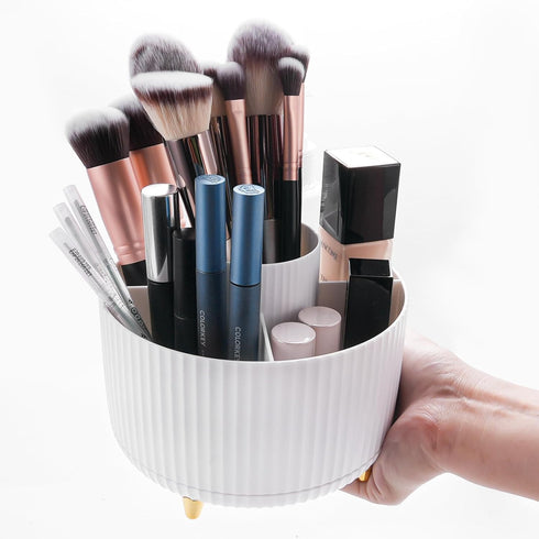 360 Rotating Makeup Organizer, 5 Slot Makeup Brush Holder, Spinning Cosmetic Organizer for Bedroom (White)