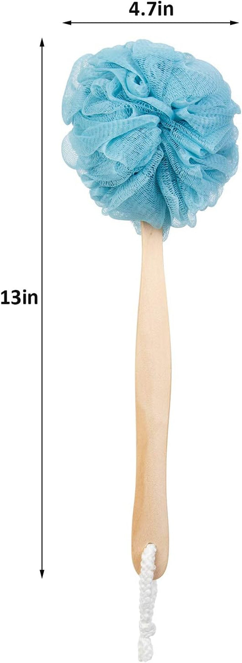 Loofah Back Scrubber for Shower, Wooden Handle Bath Sponge, Soft Nylon Mesh Back Cleaner, Body Brush for Women