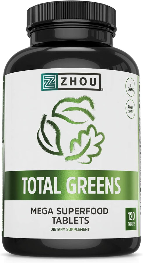 Zhou Nutrition Total Greens - Mega Superfood Tablets, Fiber and Antioxidants, Vitamin A, Spirulina, 120 Tablets