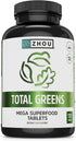 Zhou Nutrition Total Greens - Mega Superfood Tablets, Fiber and Antioxidants, Vitamin A, Spirulina, 120 Tablets