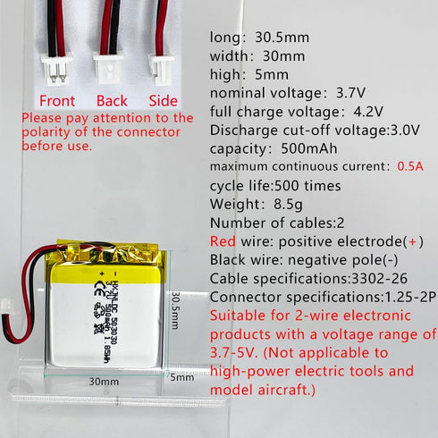 DC 3.7V 500mAh 503030 Rechargeable Lithium Polymer Battery, Suitable for DIY 3.7-5V Electronic Products with Built-in 2-Wire Battery Replacement and LED Lights