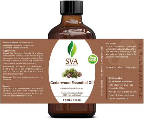 SVA Cedarwood Essential Oil, 4 Oz (118 ml) | 100% Pure Therapeutic Grade for Diffuser, Aromatherapy, Glowing Skin