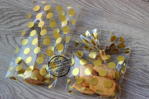 JHere 100 Pack 100Pcs 5.1'' 8.2'' 1.5'' Gold Polka Dot Candy Bags with Gold Metallic Twist Ties, Clear Plastic Treat